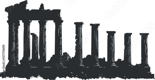 Silhouette illustration of ancient Greek temple ruins with iconic columns and historic architecture.