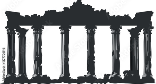 Silhouette of ancient temple ruins with classical columns, representing historic architectural heritage.