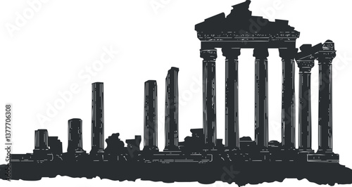 Silhouette of ancient temple ruins with columns, representing classical architecture and historical heritage.
