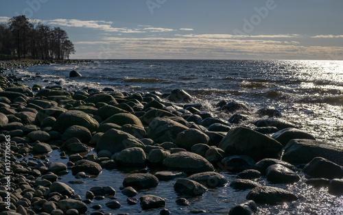 Rocky sea coast shore with blue sky and trees in the distance