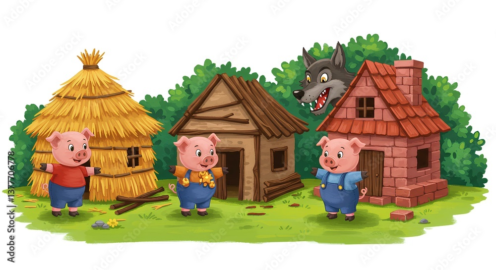 Fototapeta premium Three Little Pigs Fairytale Illustration Featuring Houses Straw Sticks Wood Brick Wolf