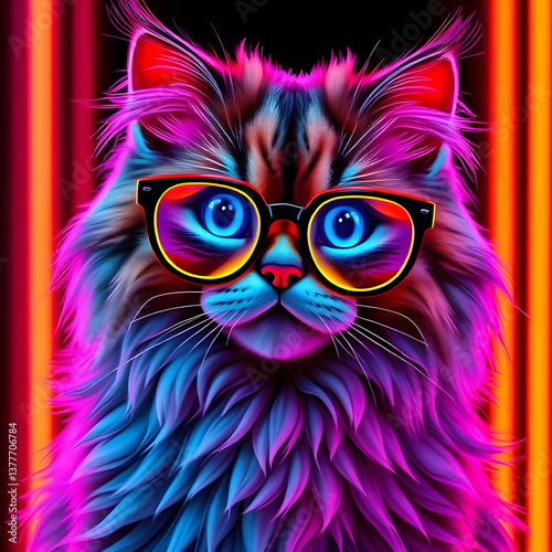 Persian cat with a pair of stylish glasses. The bright and vivid palette adds a sense of playfulness to the artwork, and the cat's confident posture and the whimsical glasses convey a sense of charm