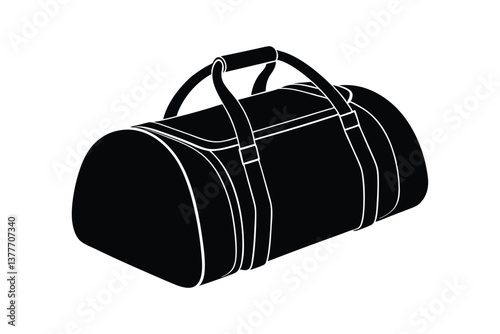 Silhouette art design of a duffel bag with side pockets and a shoulder strap.eps