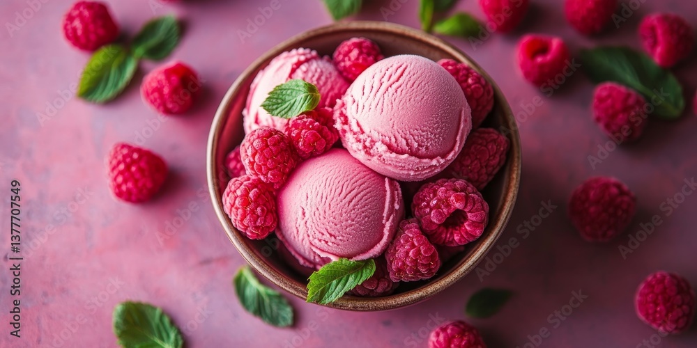 Refreshing Raspberry Ice Cream Scoops in a Rustic Bowl Garnished with Fresh Mint and Raspberries Refreshing Raspberry Ice Cream Scoops in a Rustic Bowl Garnished with Fresh Mint and Raspberries
