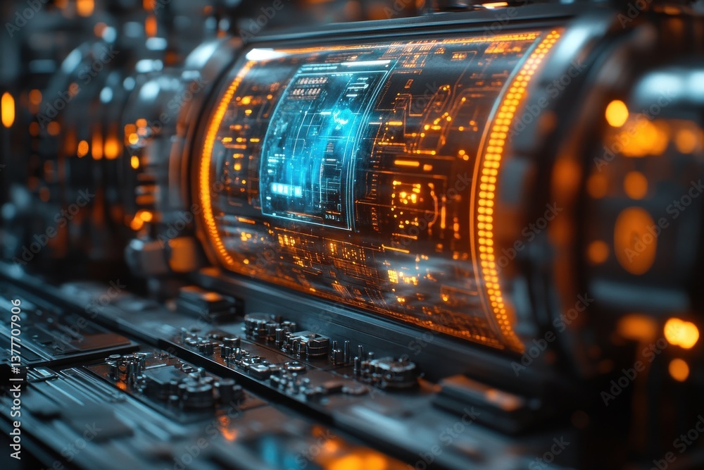 Futuristic control panel with glowing displays in a spaceship interior Futuristic control panel with glowing displays in a spaceship interior