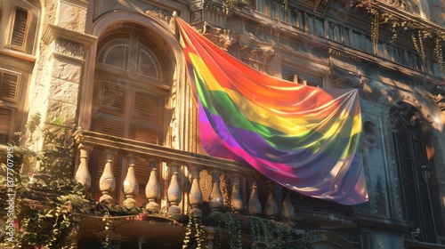 An LGBTQ+ rainbow flag gracefully drapes over the stone balcony of an old, ornate building.