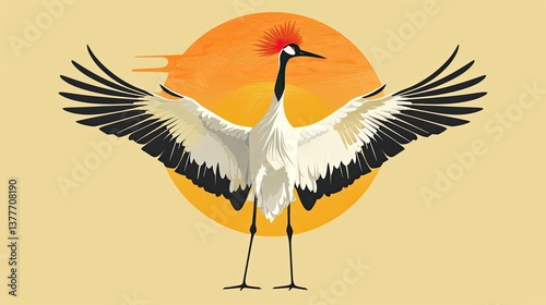 A poised and lively crane stands, with its wings spread wide to the side, presented in an illustration style against a yellow background