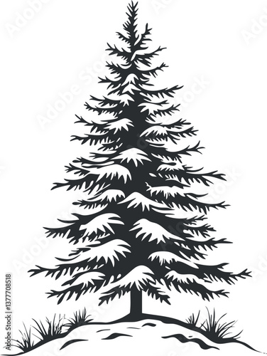 Silhouette of a snow-covered pine tree, depicting a wintry landscape in black and white.