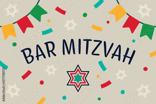 Bar Mitzvah celebration vector design featuring colorful banners, confetti, and Star of David elements. Suitable for invitations, greeting cards, or festive Jewish occasions
