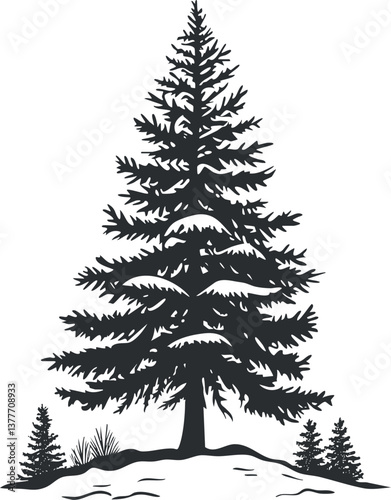 Silhouette of a tall pine tree with surrounding smaller trees in a minimalist design.