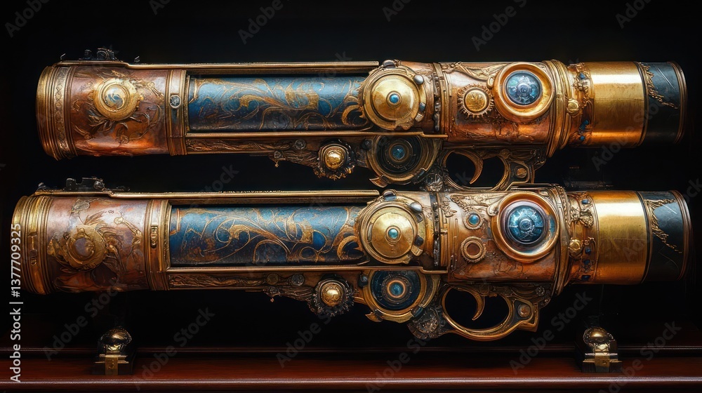 Naklejka premium Ornate, steampunk-style twin guns. Detailed brass and copper craftsmanship