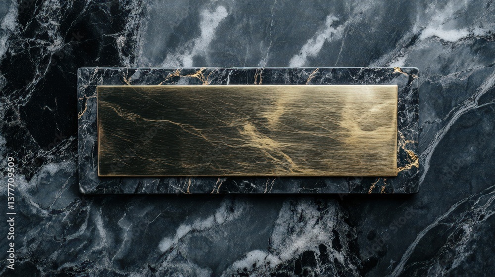 A rectangular gold plaque rests on a marble surface pattern