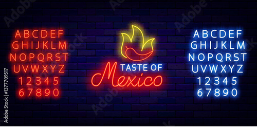 Taste of Mexico neon sign. Hot pepper with fire. Mexican bar label. Vector stock illustration