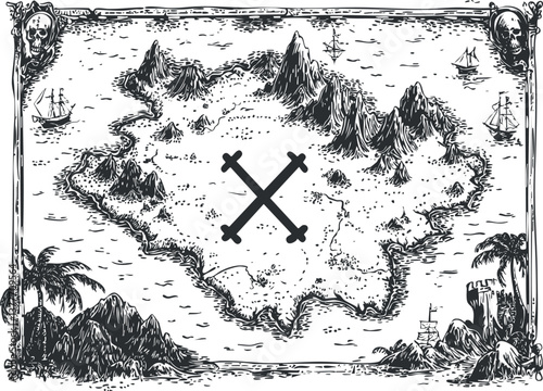 Vintage pirate treasure map illustration featuring an island with mountains and ocean surroundings.