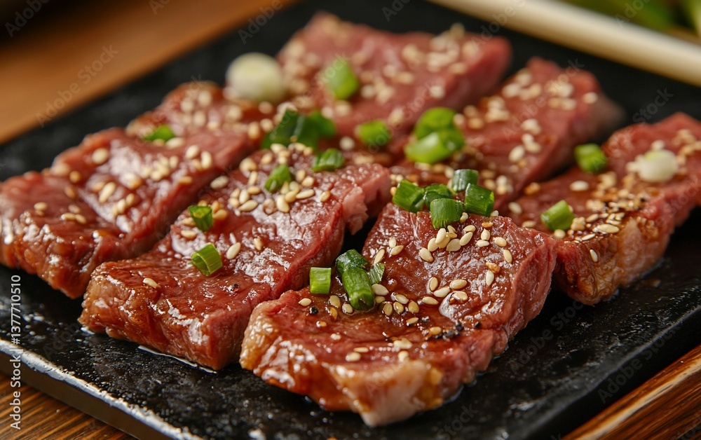 Slices of juicy meat topped with herbs Slices of juicy meat topped with herbs
