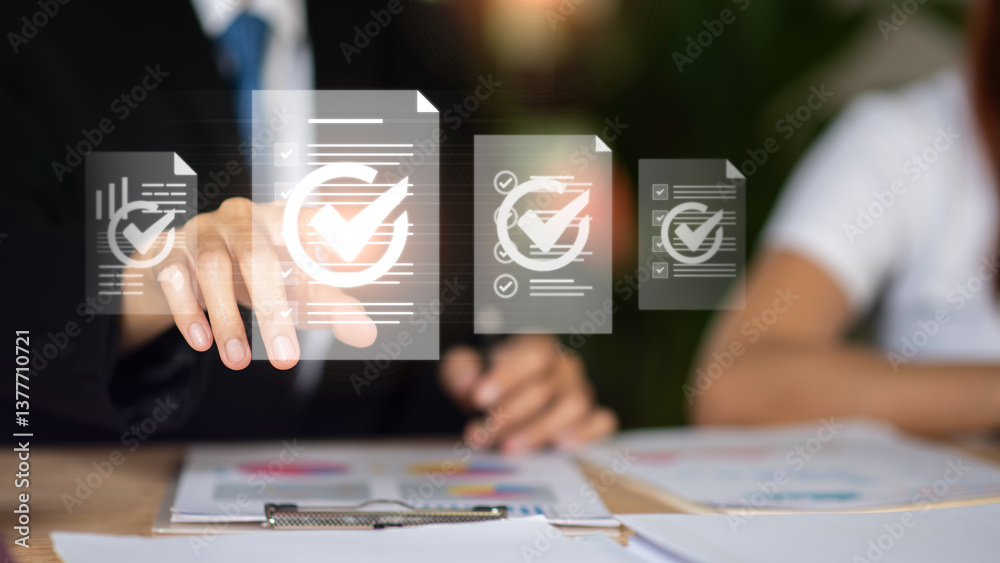 Accountant showing office document auditing concept ,plan review process and assess correctness ,Management of important document storage of organization ,document system ,accountant Audit documents