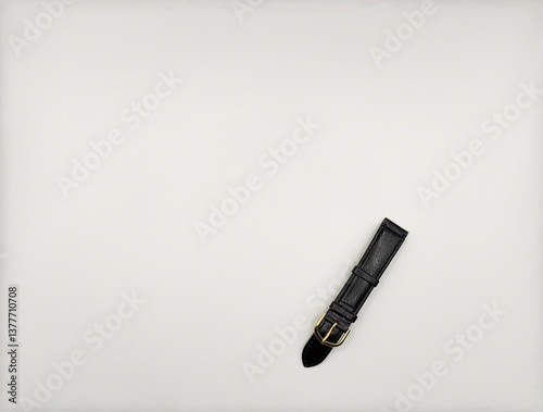 Beautiful black leather watch strap separate from watch on white background right bottom top view photo