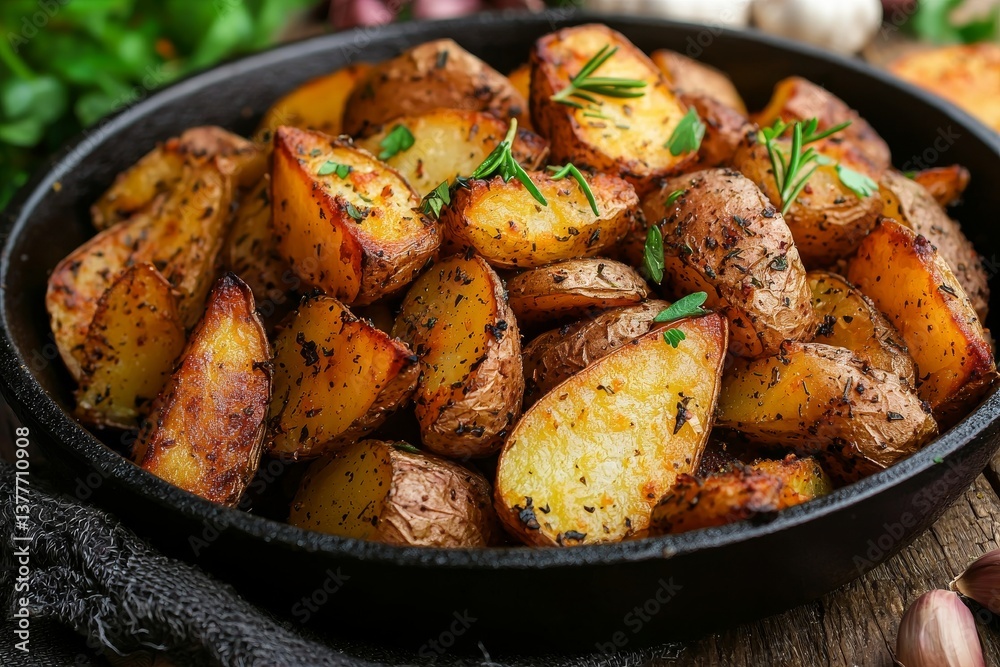 Crispy Roasted Potatoes with Herbs and Spices in Skillet Crispy Roasted Potatoes with Herbs and Spices in Skillet
