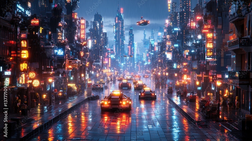 Fototapeta premium Futuristic city street at night, rain, vehicles, flying object