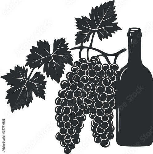 Silhouette illustration of grapevine with grapes and wine bottle in black and white.