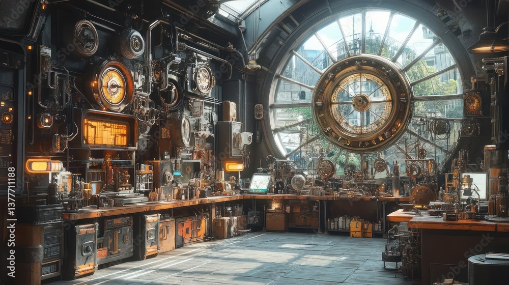 Obraz premium Industrial steampunk workshop with large window