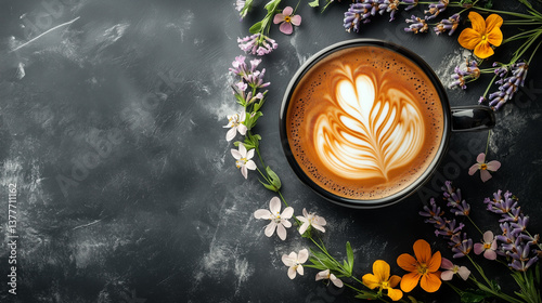 Decorative coffee cup surrounded by colorful flowers on a dark surface in a cozy cafe setting Generative AI