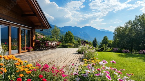 A beautiful mountain cottage with a wooden deck and flowers in the garden pic