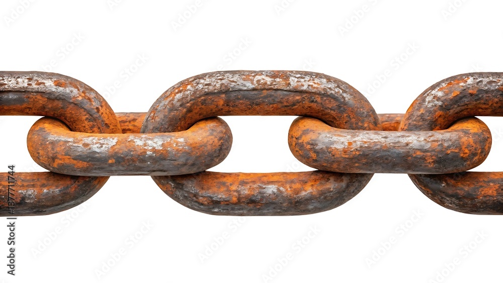 A weathered chain, a symbol of resilience and enduring strength, showing the marks of time and countless burdens borne, against a stark white background. A weathered chain, a symbol of resilience and enduring strength, showing the marks of time and countless burdens borne, against a stark white background.