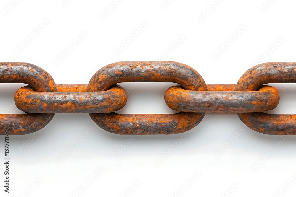 A weathered rusty chain, a symbol of resilience and time's passage, interconnected links against a stark white background. A weathered rusty chain, a symbol of resilience and time's passage, interconnected links against a stark white background.