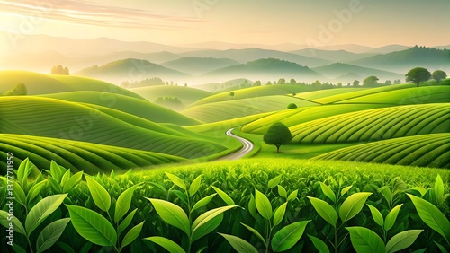 Serene sunrise over rolling green tea plantations, a picturesque valley unfolds in vibrant hues with soft morning light.