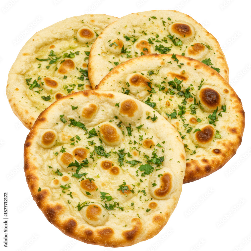 Three Pieces of Garlic Herb Naan Bread on White Background
