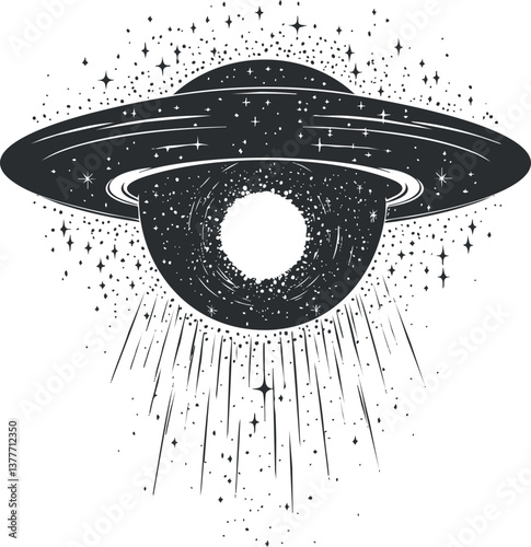 Monochrome illustration of a celestial body with rings, surrounded by stars and cosmic elements.