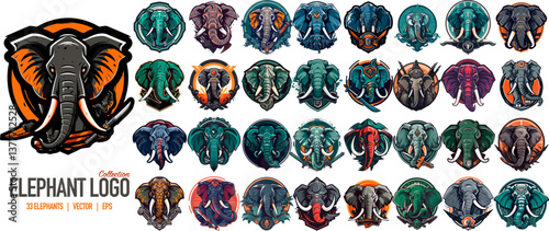 Elephant mascot logo template set. Vector elephant with modern illustration concept style for badge, emblem and tshirt printing. 33 Elephant Logo collection