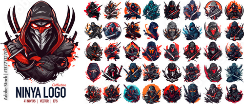 Ninja mascot logo vector template set. Creative Ninja emblem design concepts. Fully editable Vector illustration. 41 Ninja logo collection.