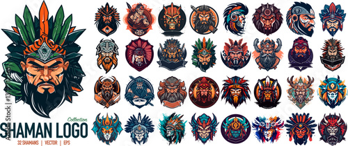 Shaman warrior logo template collection. Indian chief mascot. Esport emblem logo design. Fully editable colored vector illustration. Good for print or logo design. 32 Shaman logo collection.