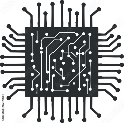 Illustration of a black and white microchip circuit design representing technology and electronics.