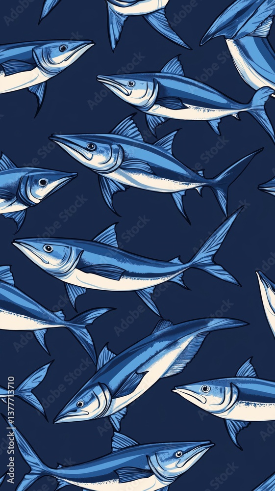 Obraz premium Bold illustrated phone wallpaper featuring a repeating pattern of blue swordfish on dark navy.