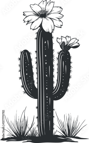 Black and white illustration of a blooming saguaro cactus with flowers, showcasing desert flora.