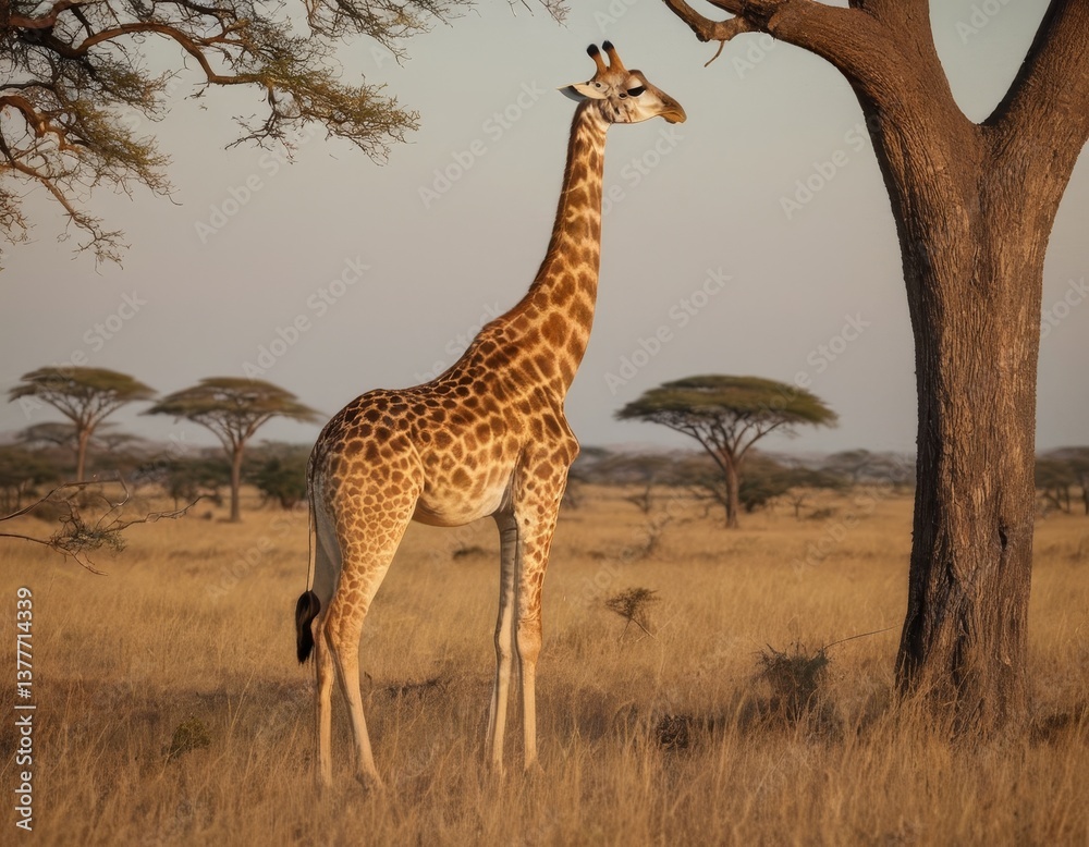 Obraz premium A giraffe stands in a field of tall grass next to a tree