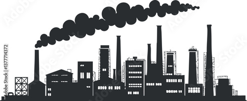 Silhouette of an industrial factory skyline with chimneys emitting smoke into the sky.