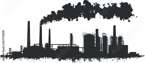 Silhouette of an industrial factory with smoke emissions from chimneys, depicting urban pollution.