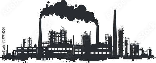 Silhouette of an industrial factory emitting smoke into the sky, illustrating pollution and industry.