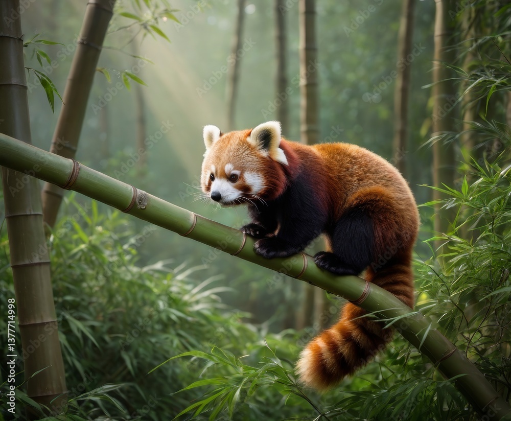 Fototapeta premium A red and black panda bear is sitting on a green bamboo branch
