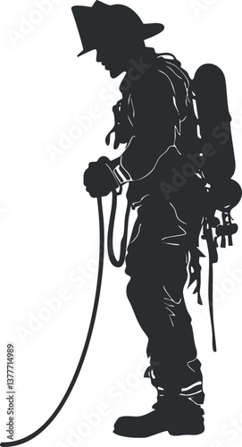 Silhouette of a firefighter in uniform holding a hose, symbolizing bravery and service.