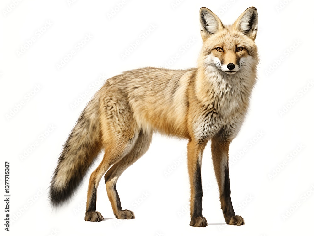 Fototapeta premium Golden Gaze of the Fox: Captivating image showcases a fox in its full glory, its rich, golden fur glistening under the sunlight, standing gracefully. 