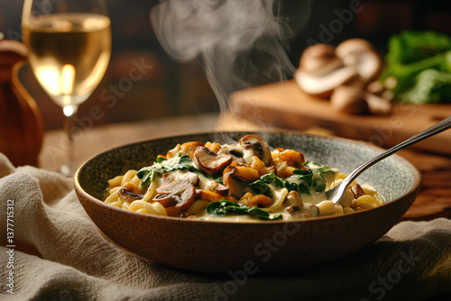 Cozy dinner scene with steaming cashew cream pasta sautéed mushrooms and spinach in a rustic dish with warm ambient lighting  

