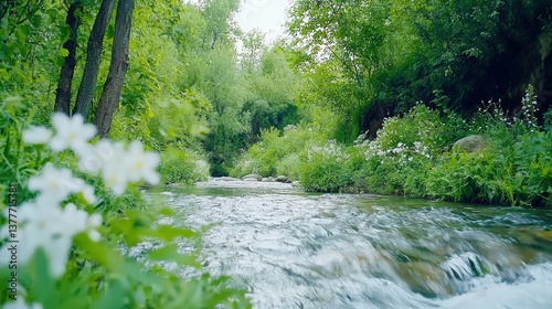 A flowing river surrounded by greenery and blooming flowers, offering a tranquil spring backdrop with ,