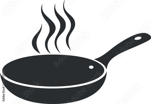 Black and white silhouette of a steaming frying pan with handle, representing cooking and kitchenware.