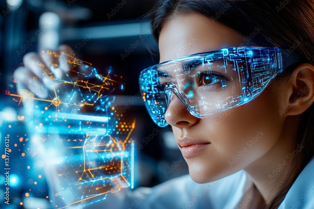 Fototapeta premium A young scientist in an advanced laboratory interacts with holographic molecular structures. Generative AI