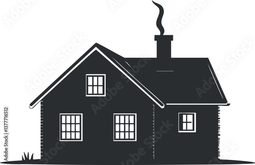 Simple black and white illustration of a house silhouette with chimney and windows.